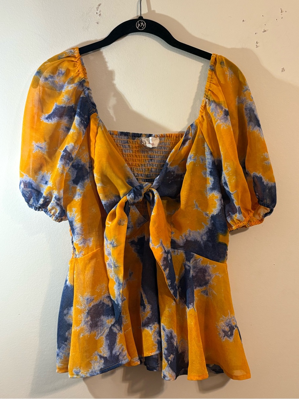 Girl Soul smocked blouse yellow blue tie-dye short puff sleeves front tie SZ 1X